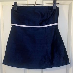 Navy slub silk strapless top
